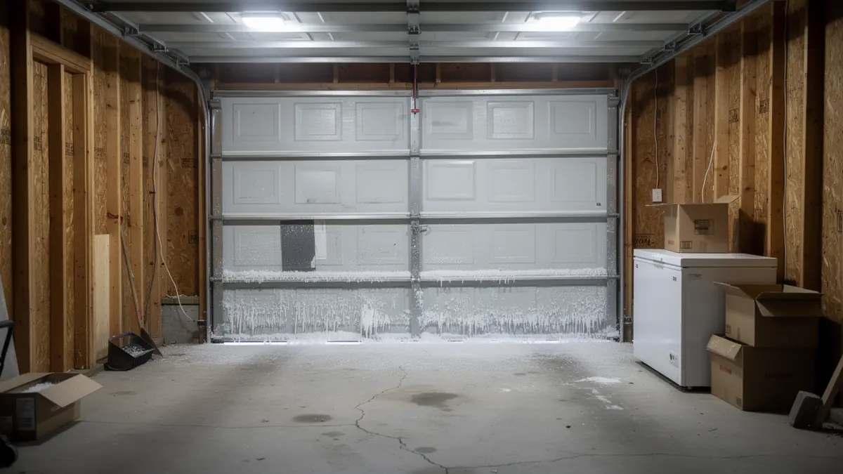 Garage door detail illustrating what meridian's builder-grade doors need in a cold winter